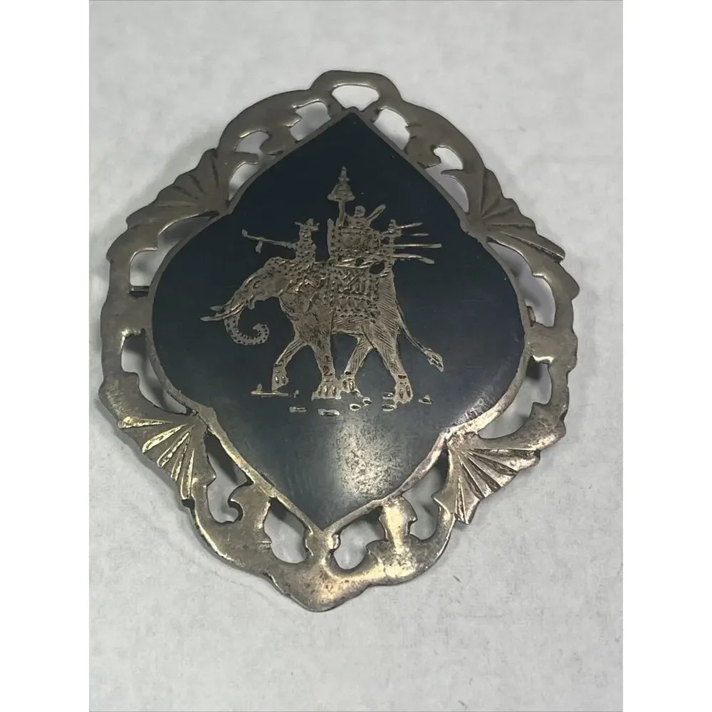 vintage sterling silver 925 Siam Brooch Black Enamel Inlay Elephant Pictured